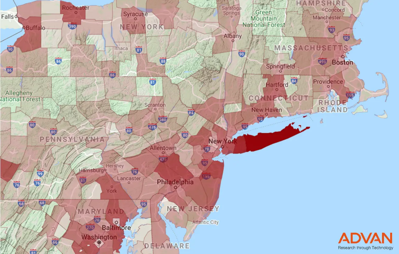 County by county analysis of Hotspots shows US population congregating in larger groups